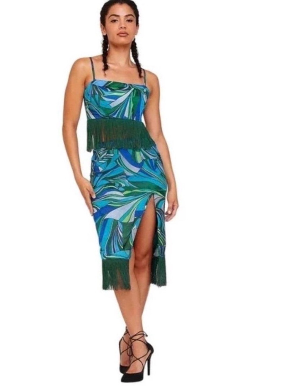 House of Harlow 1960 Green & Blue Fringe top and skit set